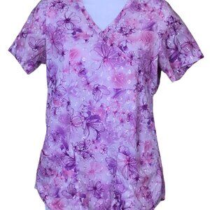 Barco Short Sleeve Mock Wrap Scrub Top Front Pockets Back Elastic Floral XS